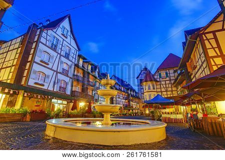 View Of Old French Style Public Building At, Colmar Bukit Tinggi During Blue Hour.