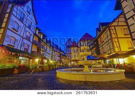 View Of Old French Style Public Building At, Colmar Bukit Tinggi During Blue Hour.
