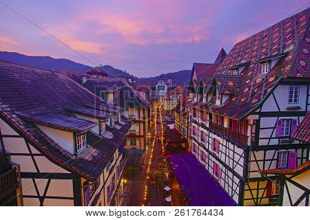 View Of Old French Style Public Building At, Colmar Bukit Tinggi During Sunrise.