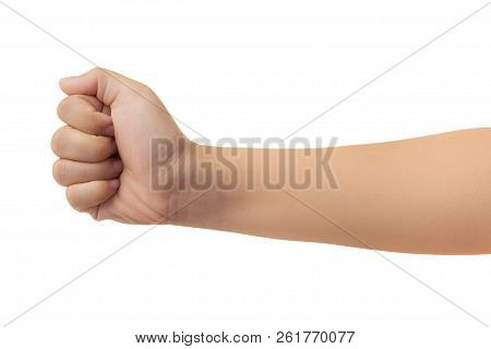 Human Hand In Fist, Punch Or Griping Gesture Isolate On White Background With Clipping Path