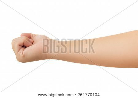 Human Hand In Fist, Punch Or Griping Gesture Isolate On White Background With Clipping Path