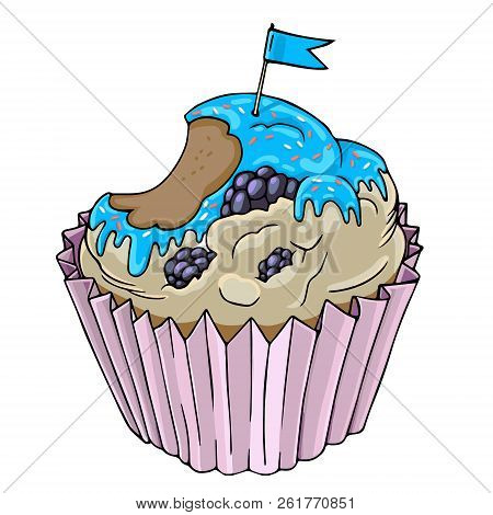 Hand Drawn Illustration With Blackberry Cake And Blue Flag