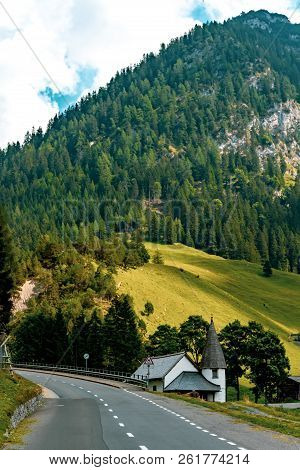 Steg, Liechtenstein, 20th August 2018:- The Small Church In The Central Village Of Steg On The Road 