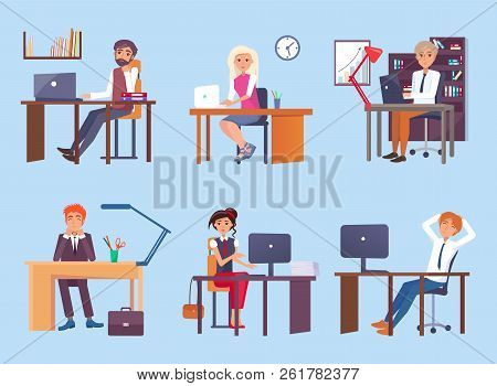 Tired People Dreaming About Holiday And Travel During Worktime Office Workers Collection Sitting By 