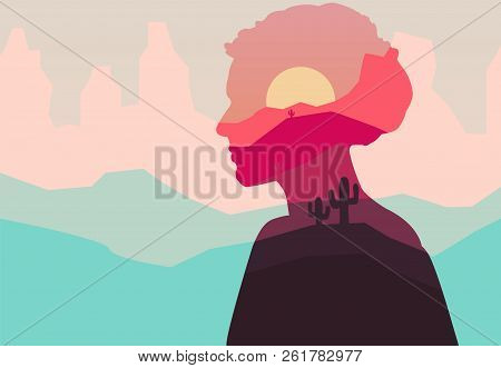 Vector Double Exposure Illustration. Woman Silhouette Nature Background