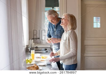 Happy Senior Couple Having Fun Preparing Breakfast In The Kitche
