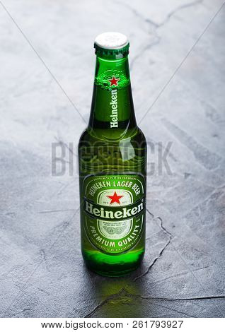 London, Uk - October 03, 2018: Glass Bottle Of Heineken Lager Beer On Stone Background