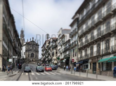 Tilt-shift Effect. The Baroque Church Of Clérigos, Porto, Portugal. The Most Popular Tourist Destina