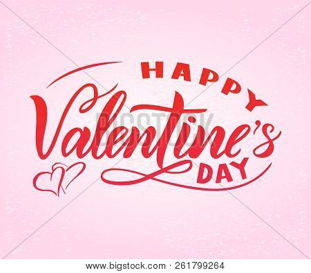 Happy Valentines Day On Ponk Background With Hearts. Modern Calligraphic Lettering. Isolated. Black 