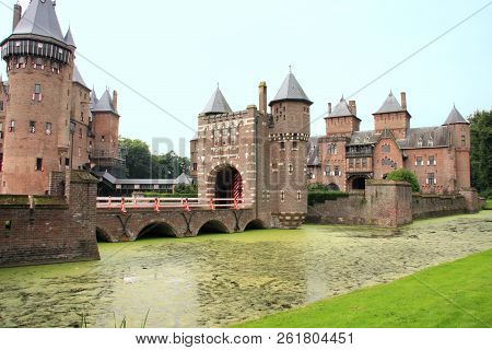 Castle De Haar And Moat, Landmark Medieval Castle In The Netherlands