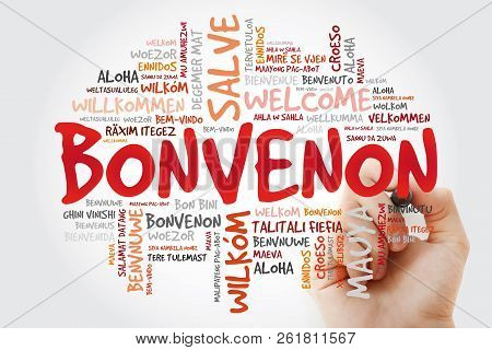 Bonvenon (welcome In Esperanto) Word Cloud With Marker In Different Languages, Conceptual Background