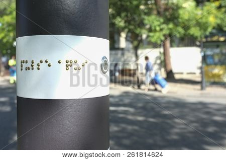 Pedestrian Crossing Traffic Pole For Blind People. Emerging Lighting On Ground And Auditive System