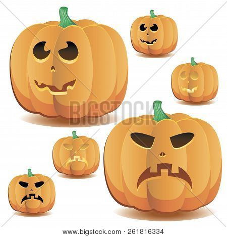 Halloween Pumpkin With A Cute Face And Lighting, Set 5, Vector Illustration Additional