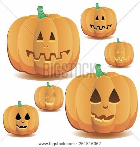 Halloween Pumpkin With A Cute Face And Lighting, Set 6, Vector Illustration Additional