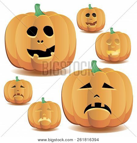 Halloween Pumpkin With A Cute Face And Lighting, Set 8, Vector Illustration Additional