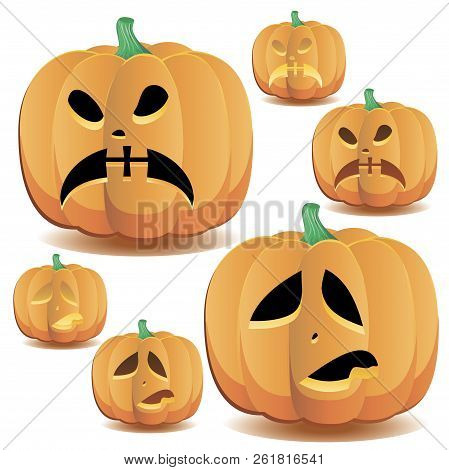 Halloween Pumpkin With A Cute Face And Lighting, Set 13, Vector Illustration Additional