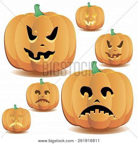 Halloween Pumpkin With A Cute Face And Lighting, Set 15, Vector Illustration Additional