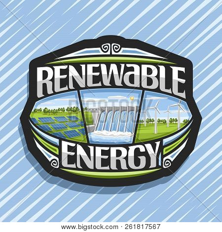 Vector Logo For Renewable Energy, Dark Badge With Array Solar Panels, Water Flowing In Reservoir, Wi