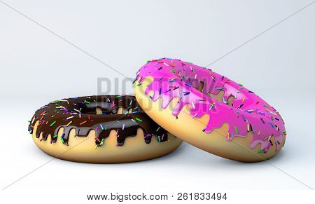 3d Donuts Chocolate And Strawberry Flavour With Topping On White Background