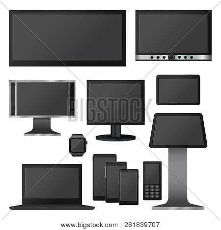 Black Screen Mockup Set. Realistic Illustration Of 10 Black Screen Mockups For Web