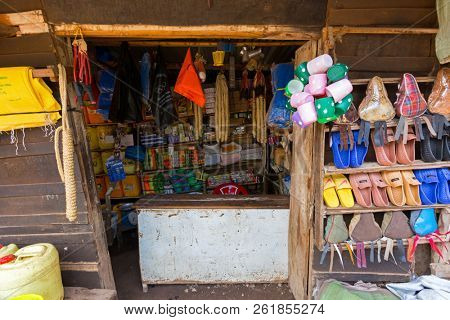 TANZANIA, EAST AFRICA - APRIL 2018 : Simple convenient shop selling groceries, plastic items at Mto wa Mbu village, Arusha Region, Tanzania, East Africa  on April 13, 2018.