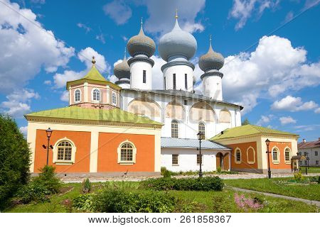 Cathedral Of The Assumption Of The Blessed Virgin Mary Close-up On A Sunny July Day. Tikhvin Assumpt