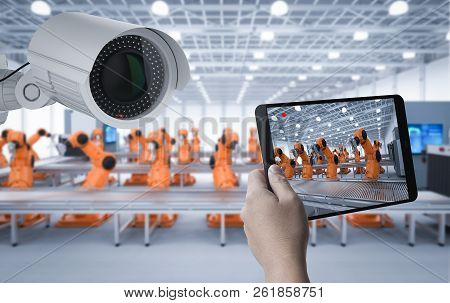 3d Rendering Security Camera Or Surveillance Camera In Factory Control By Tablet