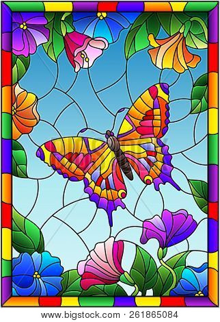 Illustration In Stained Glass Style With A Bright Butterfly On A Background Of Flowers And Sky In A 