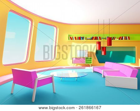 Living Room In Retrofuturism Style. 3d Illustration.