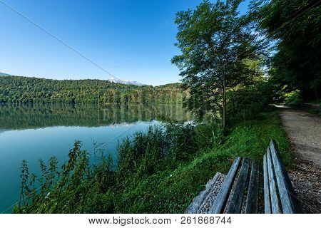 Lago Di Levico (lake) With The Promenade, Levico Terme,  Italy, Europe