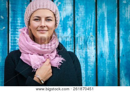 Portrait Female Student On Bright Background. Beautiful Modern Urban Young Woman Wearing Pink Knitti