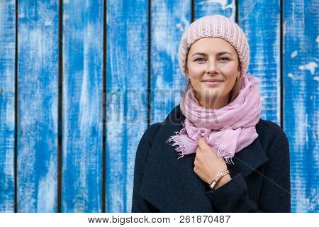 Portrait Female Student On Bright Background. Beautiful Modern Urban Young Woman Wearing Pink Knitti