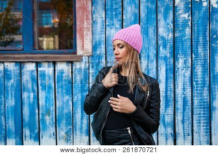 Portrait Female Student On Bright Background. Beautiful Modern Urban Young Woman Wearing Pink Knitti