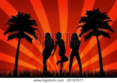 Summer party with beauty silhouette girls.