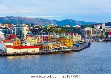 Stavanger, Norway City View With Traditional Wooden Houses And Red Roofs