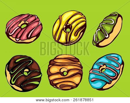 Hand Drawn Vector Donuts Set. Glazed And Colored Donuts In Several Foreshortening.