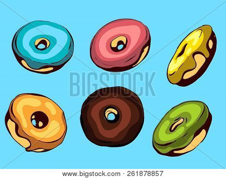 Hand Drawn Vector Donuts Set. Glazed And Colored Donuts In Several Foreshortening.
