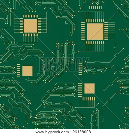 Microcircuit. Abstract Techno Background. Seamless Pattern. Green Background Copper Elements