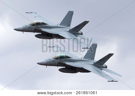 Avalon, Australia - February 27, 2013: Two Royal Australian Air Force (raaf) Boeing F/a-18f Super Ho