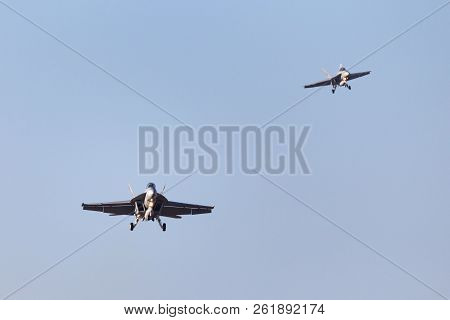 Avalon, Australia - March 1, 2013: Two Royal Australian Air Force (raaf) Boeing F/a-18f Super Hornet