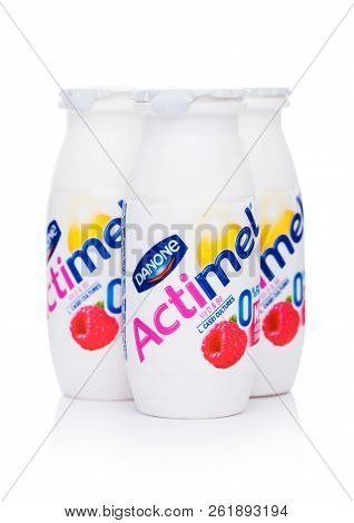 London, Uk - October 05, 2018: Plastic Bottles Of Actimel Probiotic Yogurt Type Drink With Raspberry