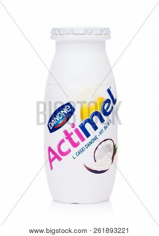 London, Uk - October 05, 2018: Plastic Bottle Of Actimel Probiotic Yogurt Type Drink With Coconut Fl