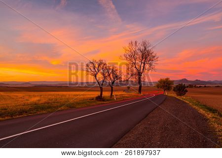 Small Chapel At Sunset. Sunset In Central Bohemian Upland, Czech Republic.