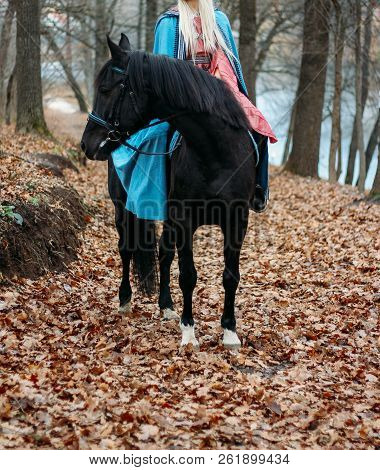 A Girl With Long Hair, Blonde Hair, Sits On The Back Of A Black Horse, In A Blue Cape And A Vintage 