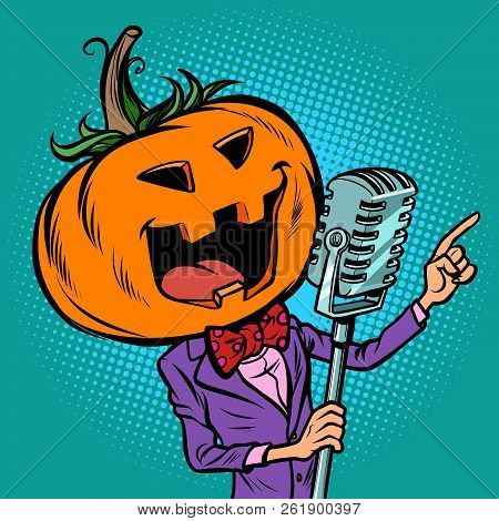 Halloween Pumpkin Character Singer. Holiday Party. Comic Cartoon Pop Art Retro Vector Illustration