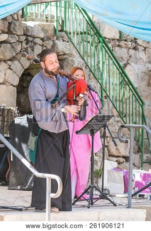 Jerusalem, Israel, September 29, 2018 : Musicians In Authentic Costumes Play The Bagpipes For Visito