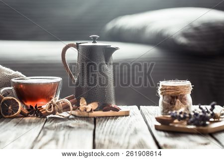 Cozy Living Room With Tea On The Table