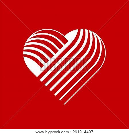 Vector Heart Logo. Logo Of White Heart Made Of Abstract Geometric Shapes And Lines On A Red Backgrou
