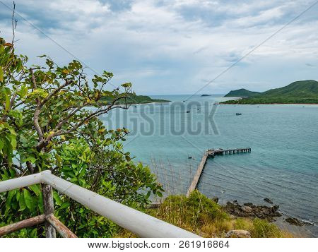 Viewpoint Of Khao Ma Jor Pier With Idyllic Ocean Samae San Island And Rainy Cloud Sky,chonburi Thail