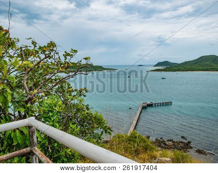 Viewpoint Of Khao Ma Jor Pier With Idyllic Ocean Samae San Island And Rainy Cloud Sky,chonburi Thail